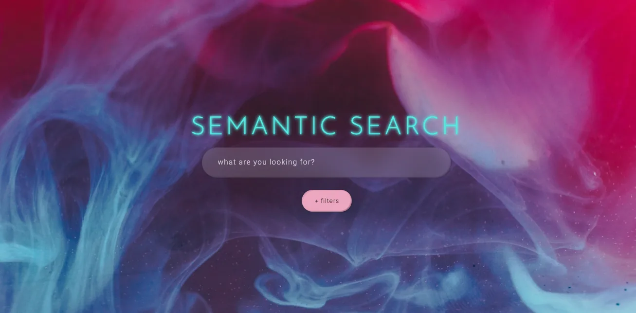Neon semantic search interface with a central query input over a smoky blue and magenta background.