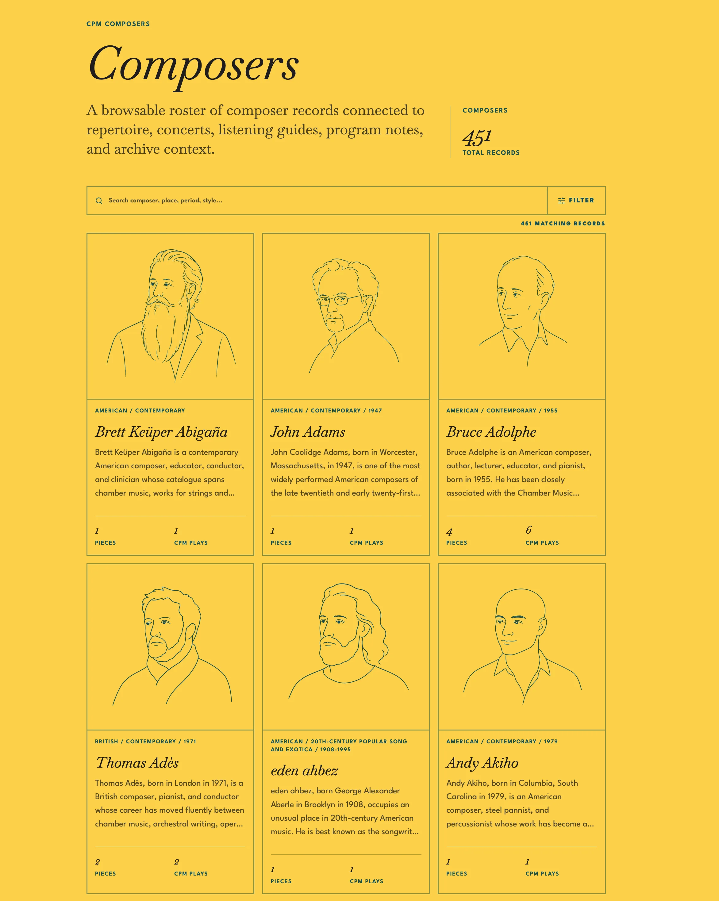 Composer archive grid with search, filters, record counts, and line-art composer portraits.