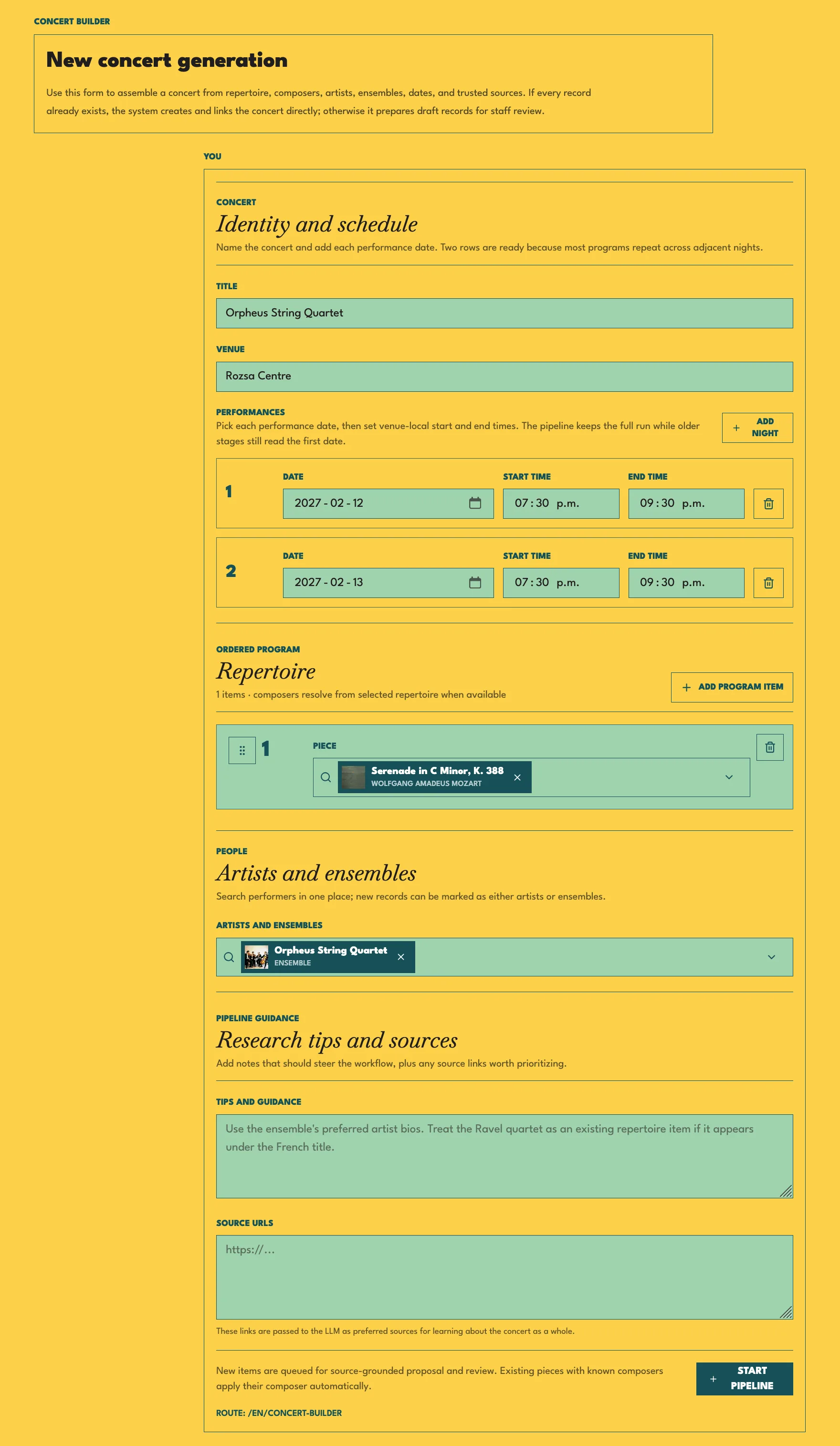 Yellow concert generation workflow with forms for identity, repertoire, artists, and research sources.