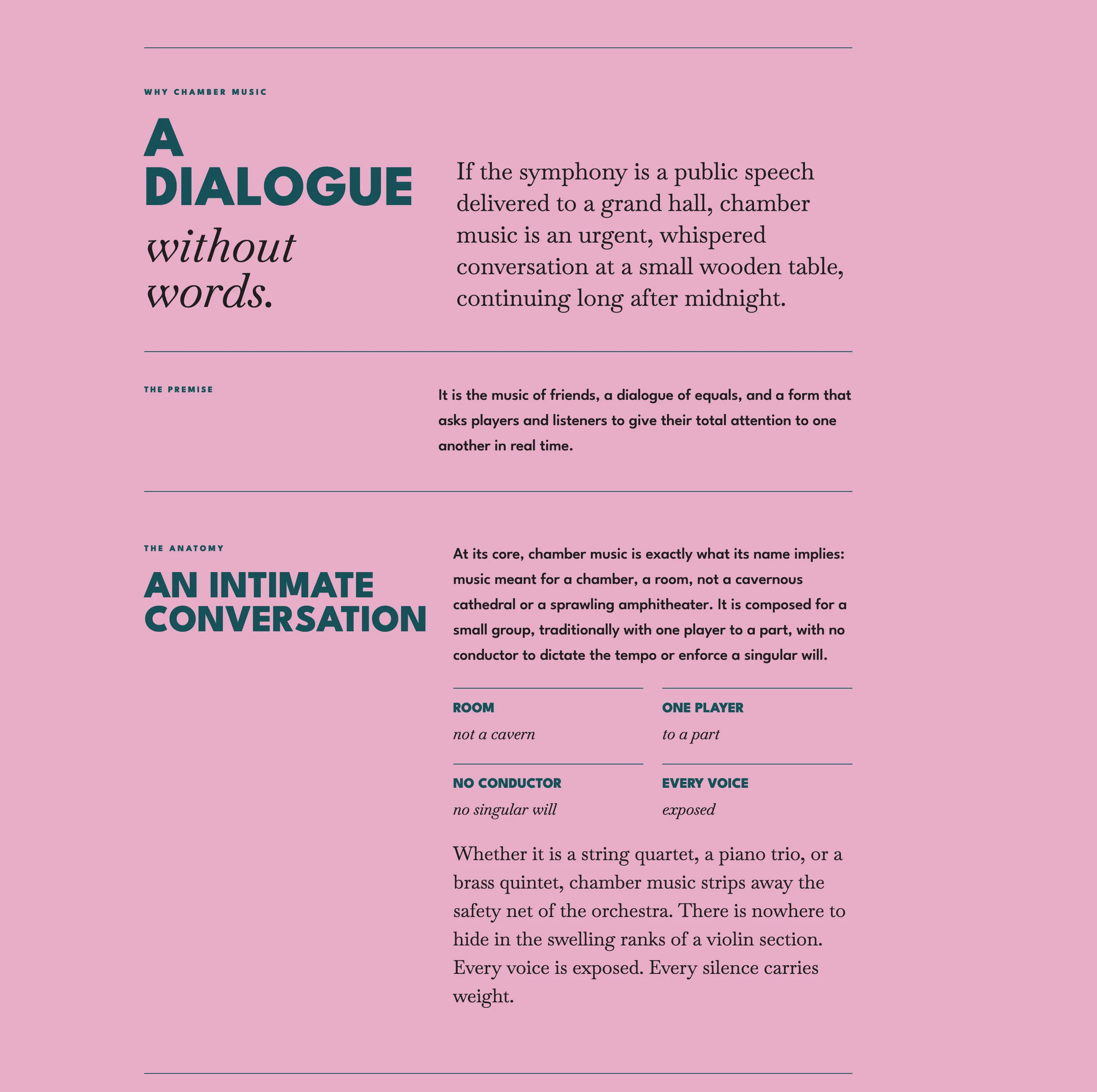 Pink editorial page explaining chamber music with large serif and sans-serif type blocks.