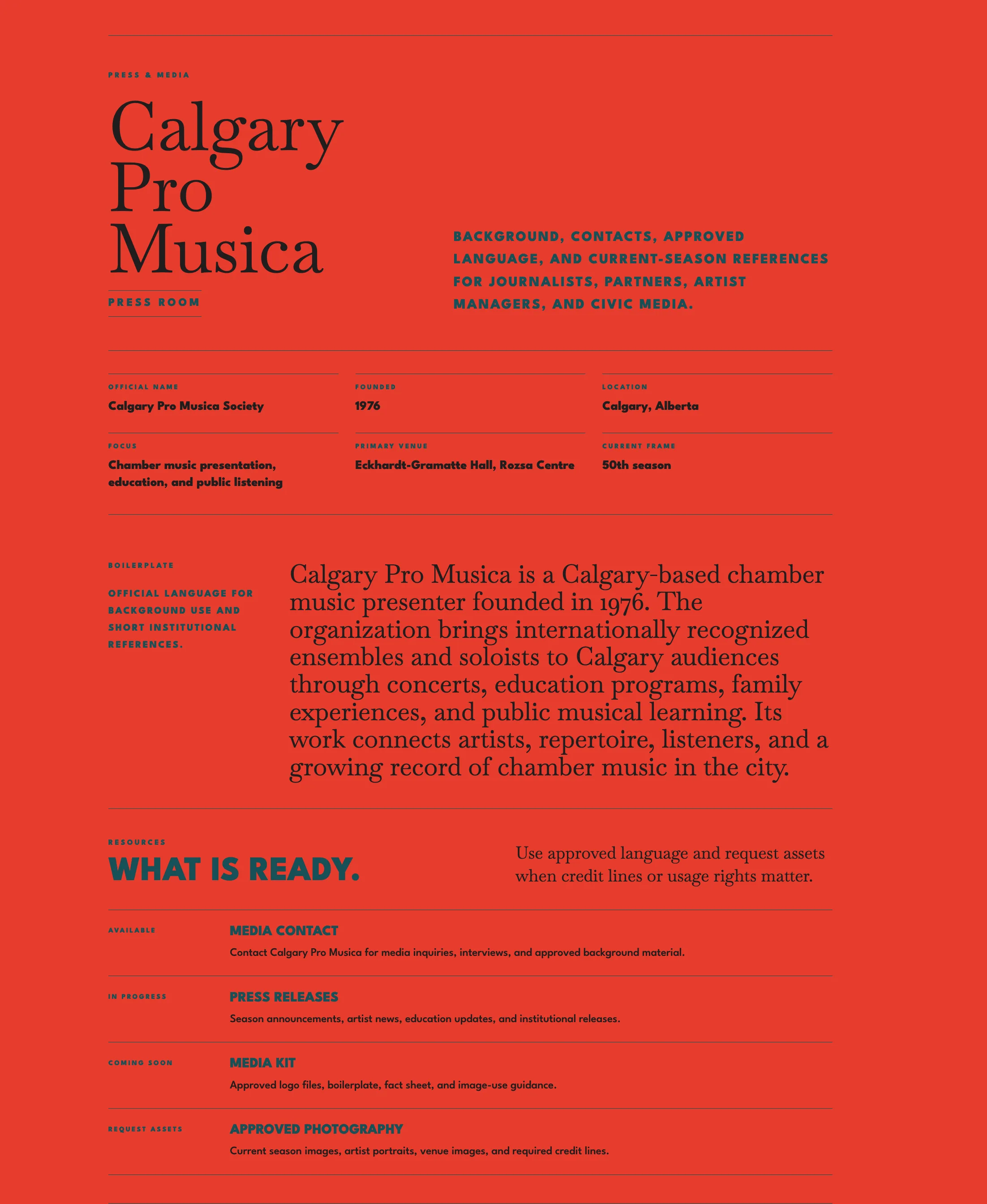 Red overview page describing the chamber music platform with metadata and readiness sections.