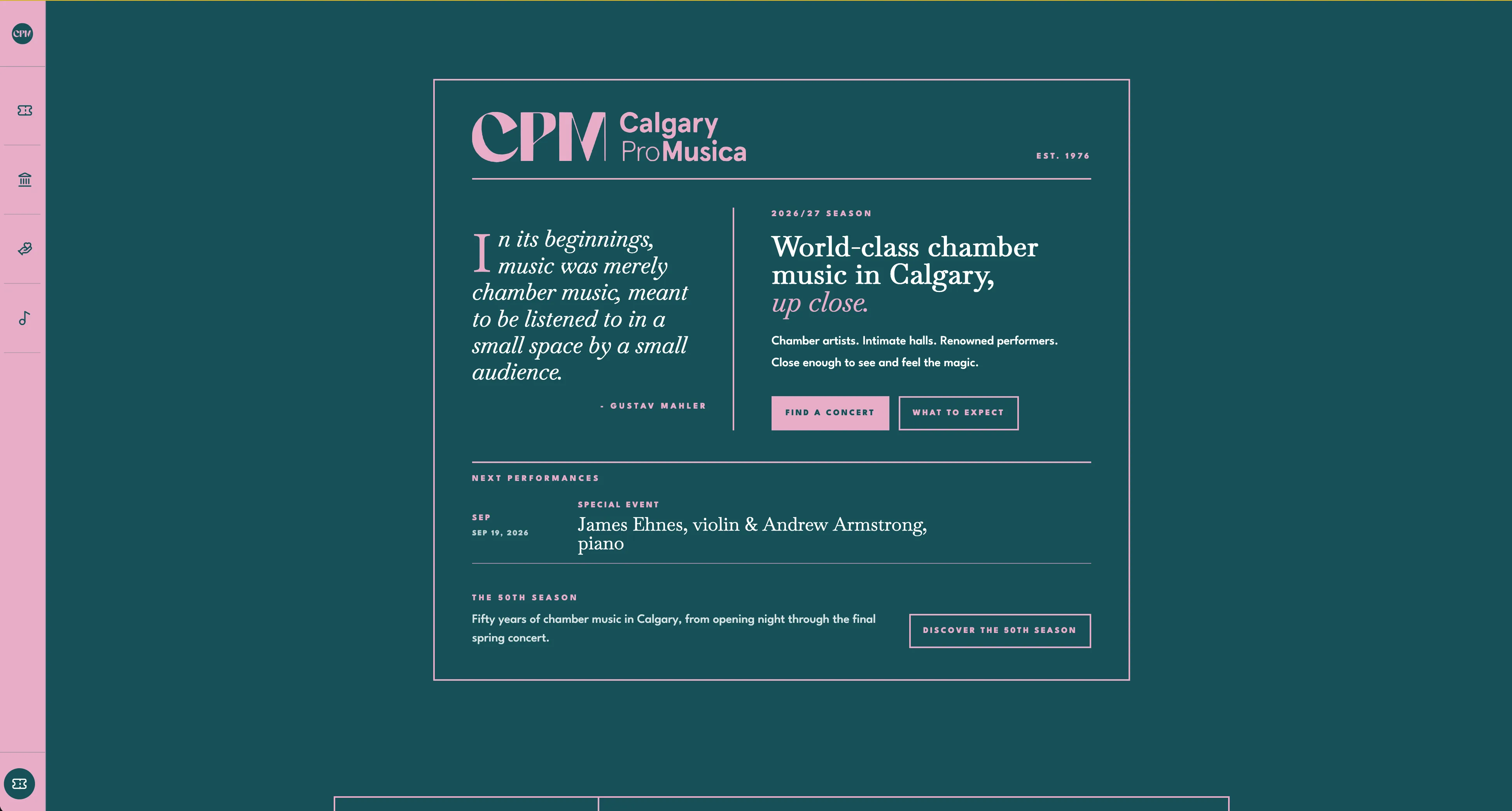 Teal chamber music homepage with editorial typography, quote copy, and concert calls to action.