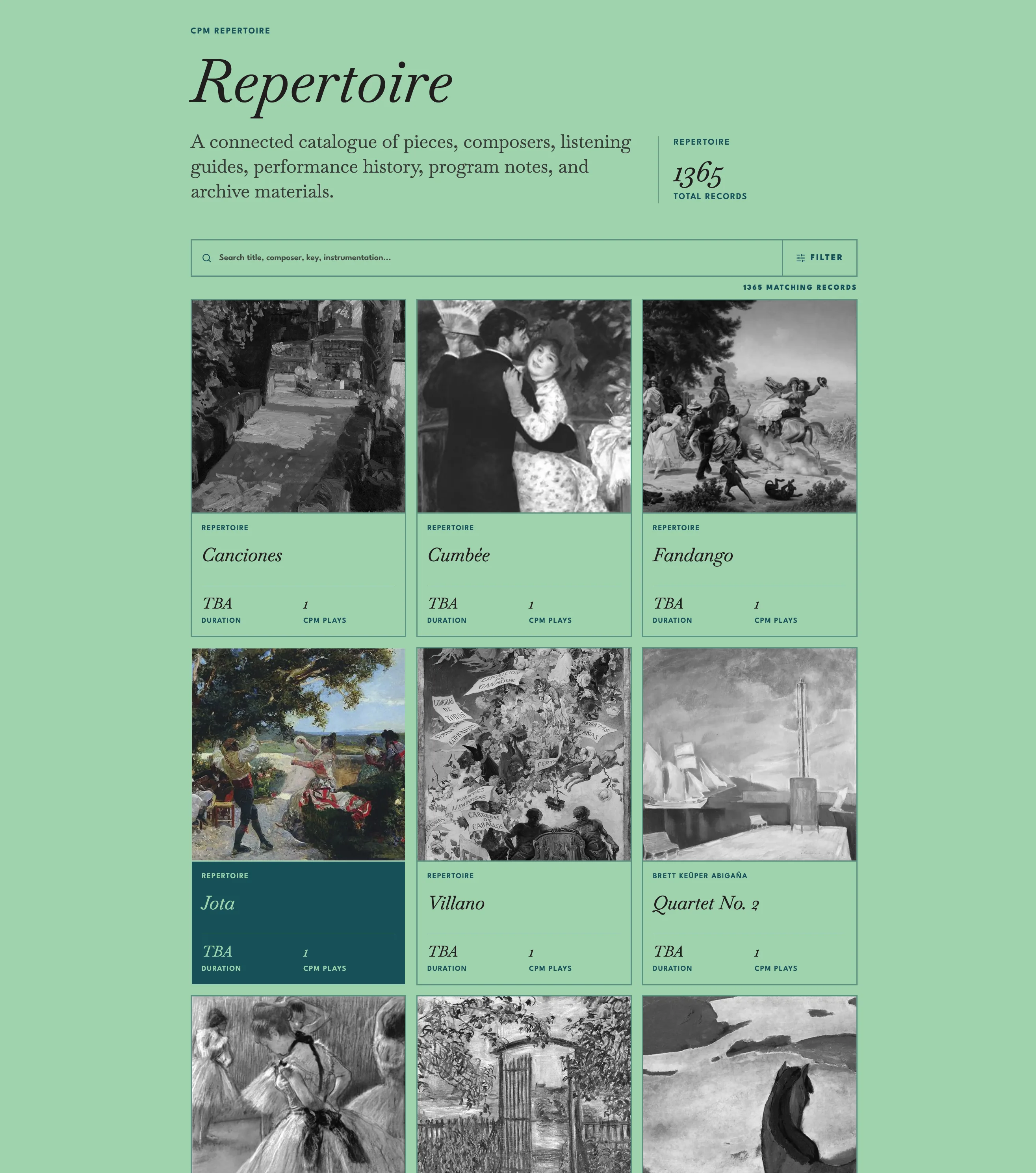 Mint repertoire archive grid with artwork cards, search controls, and repertoire count.