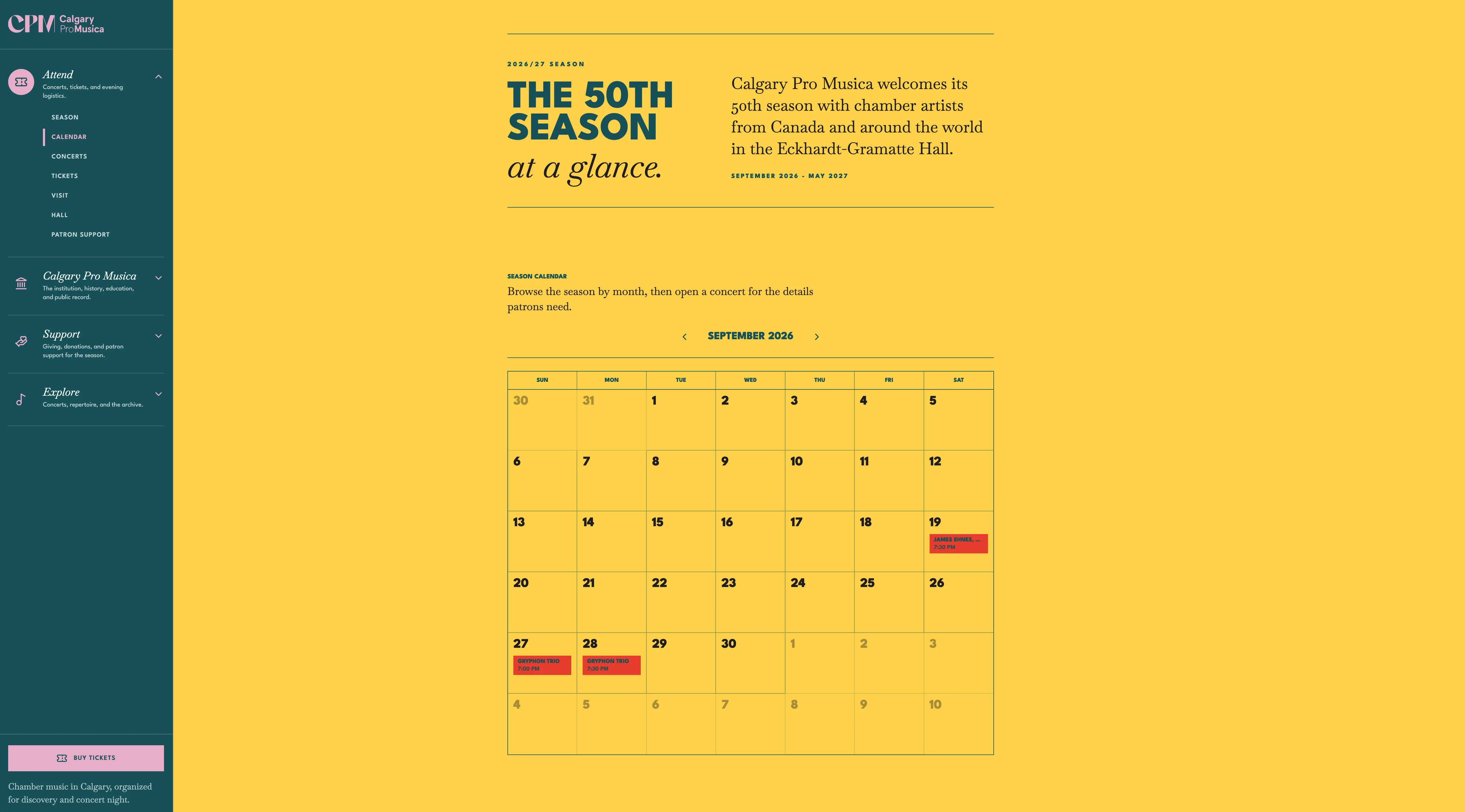 Yellow season calendar page with sidebar navigation and a month grid of performance dates.