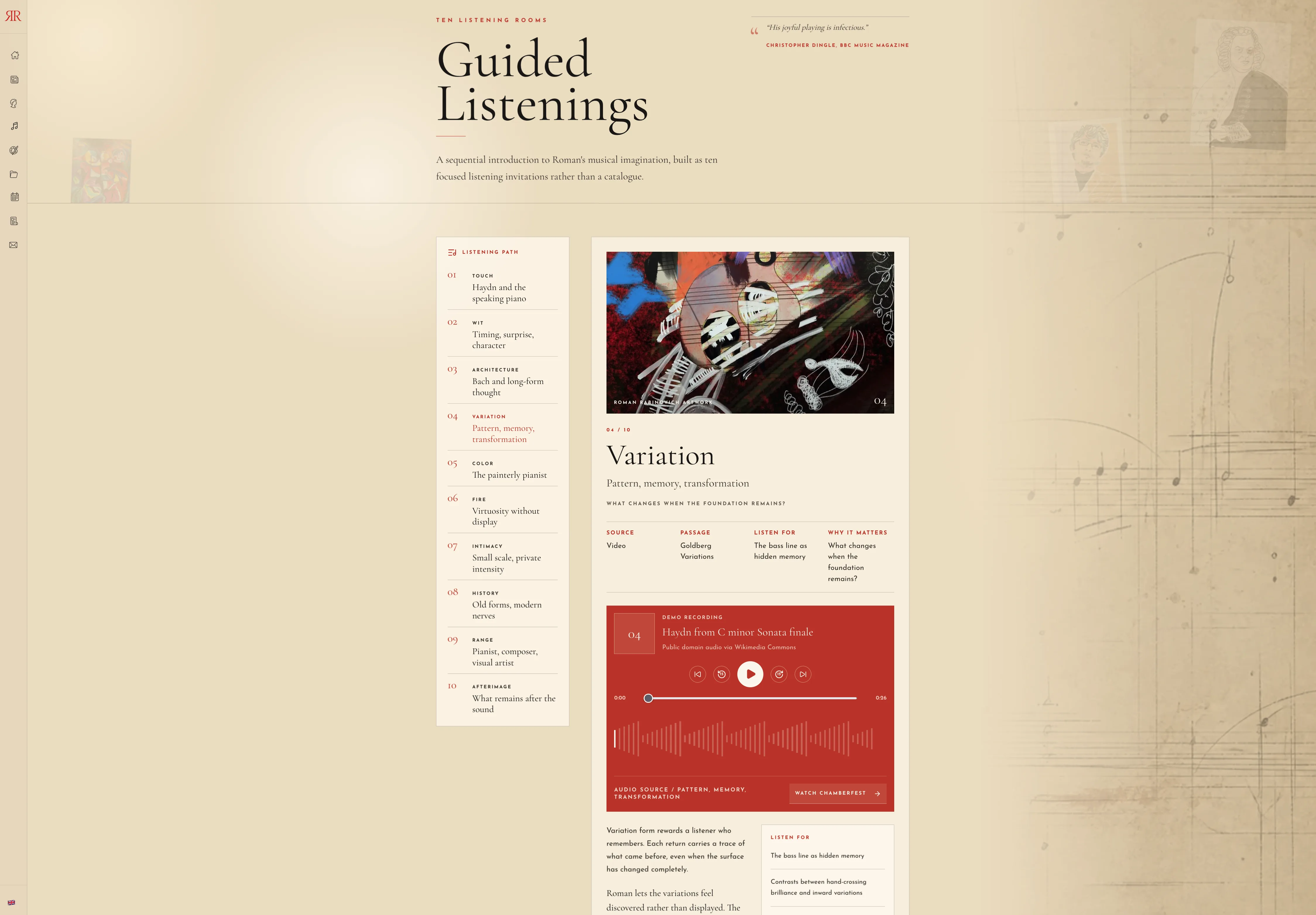 Roman Rabinovich editorial music archive interface with portrait, navigation, and performance material.