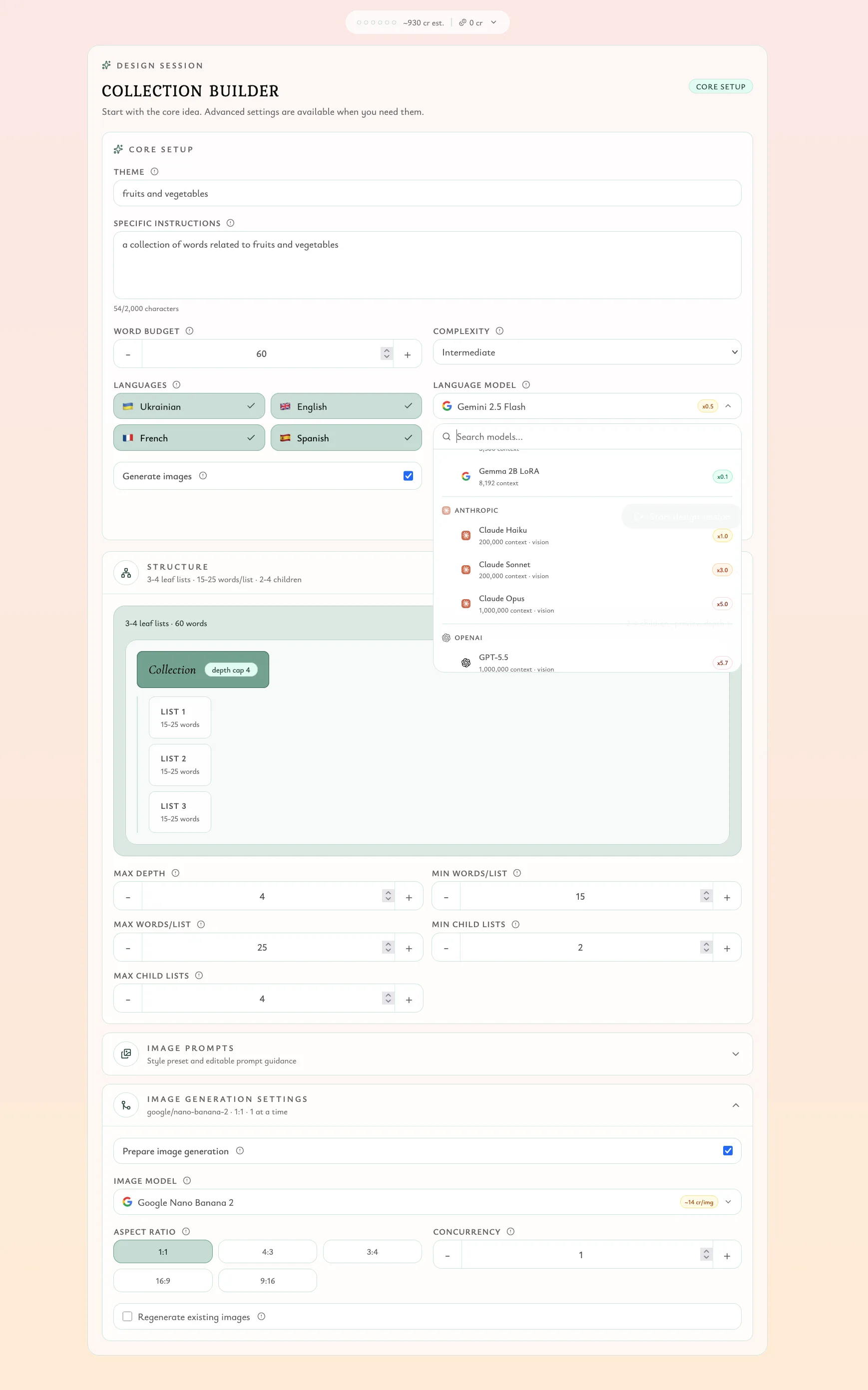 Collection builder tool with language selection, model picker, structure preview, and image-generation settings.