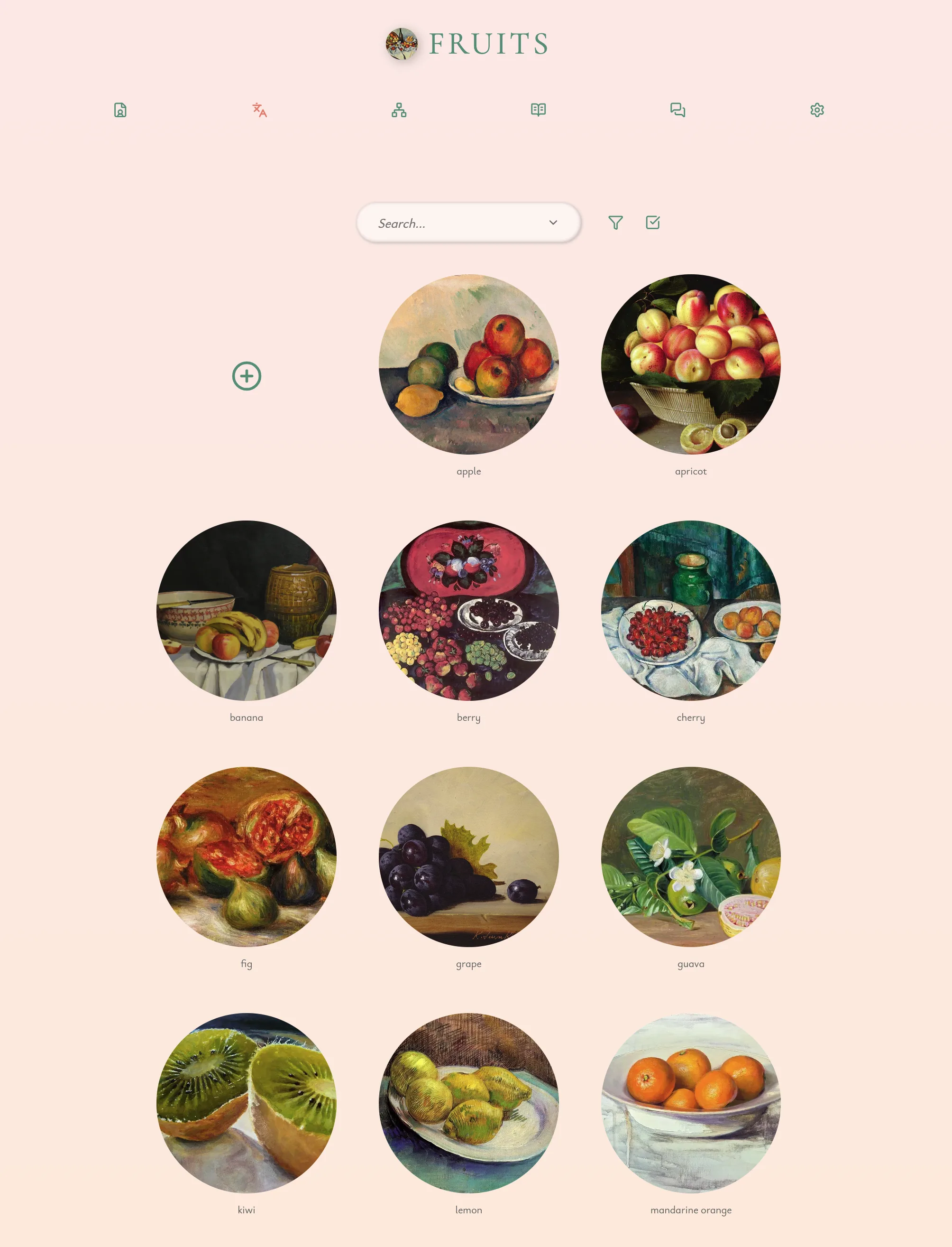 Slovka vocabulary gallery with image-backed word cards, search, and filter controls.