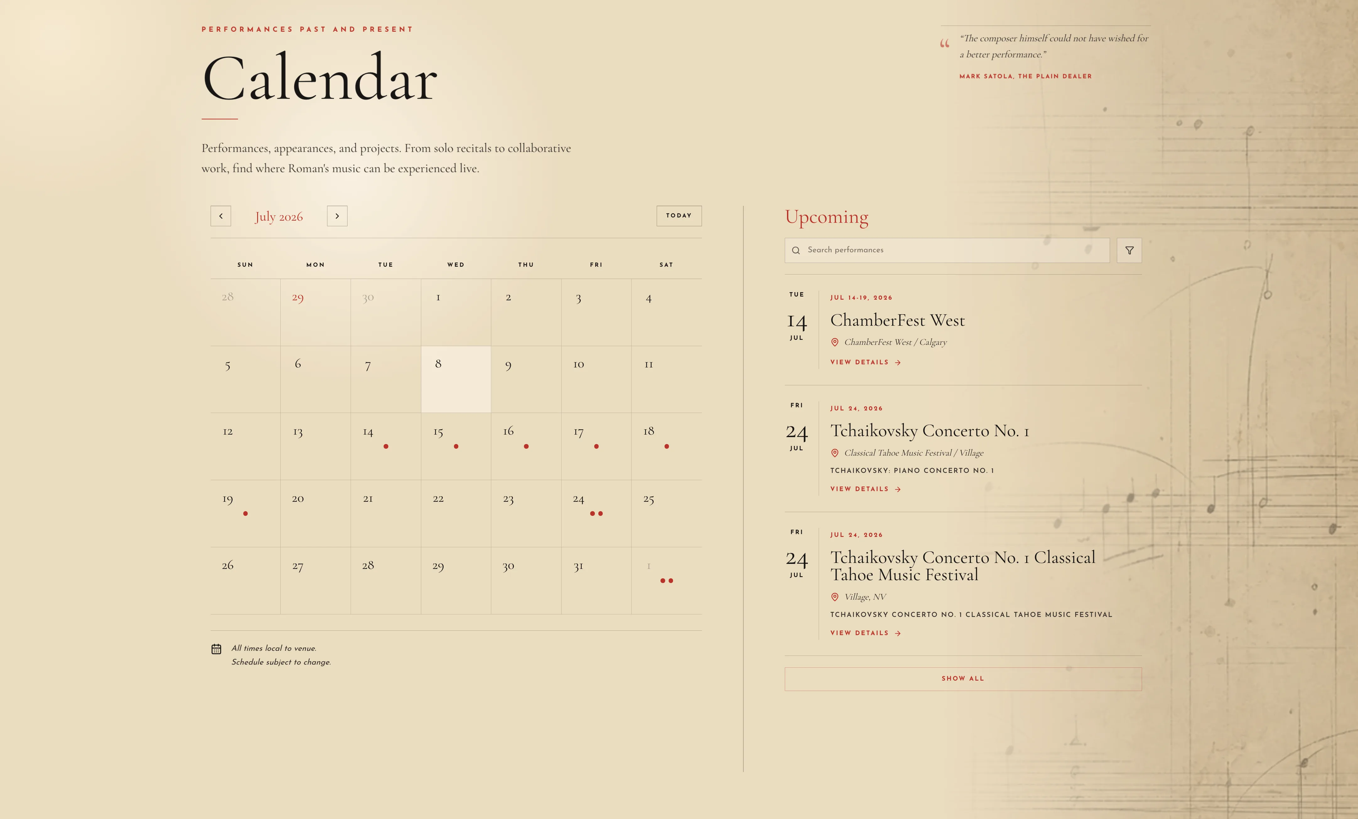 Performance calendar with month grid, search input, filter control, and upcoming performances.