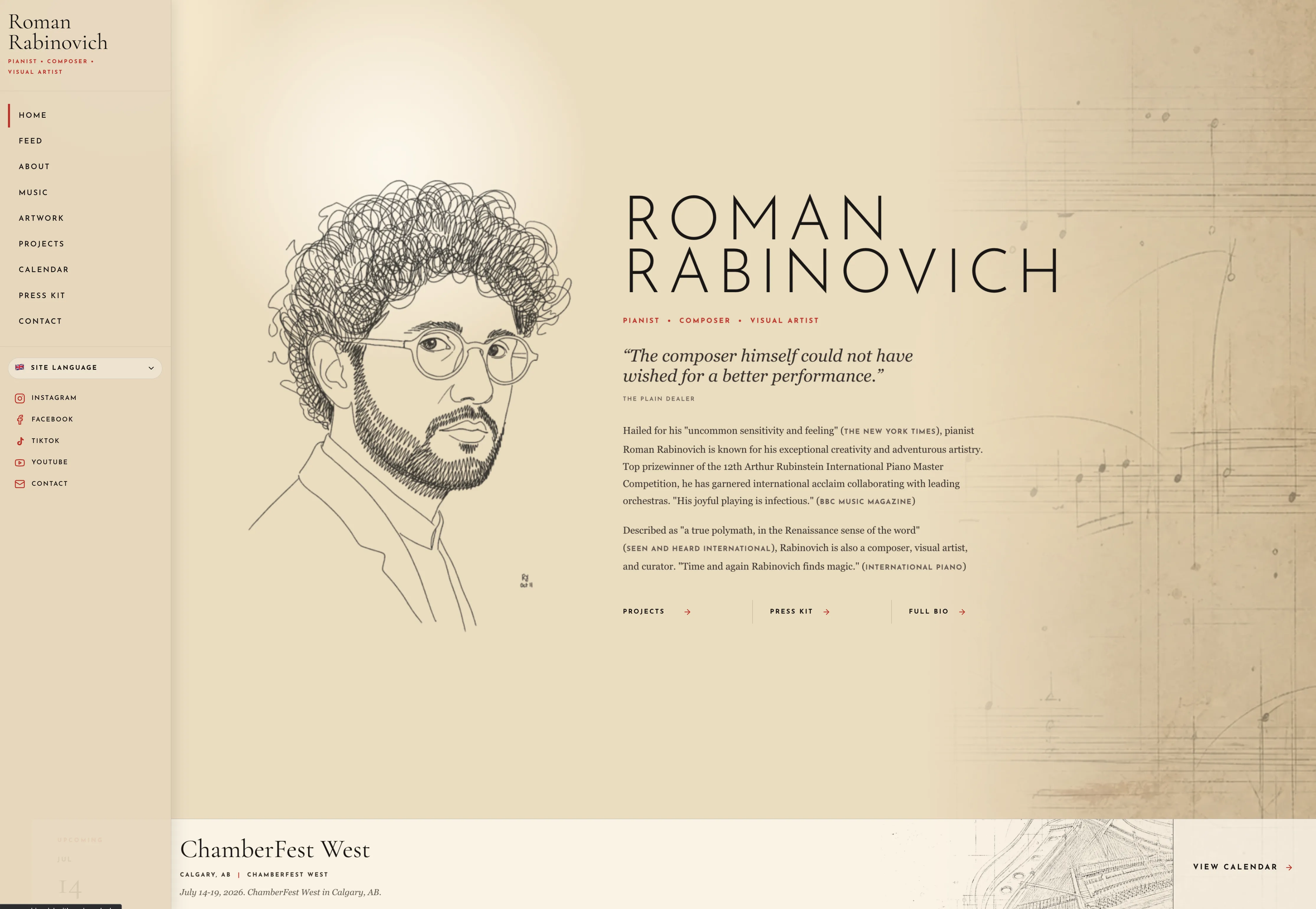 Editorial artist platform homepage with portrait illustration, score texture, side navigation, and featured performance strip.