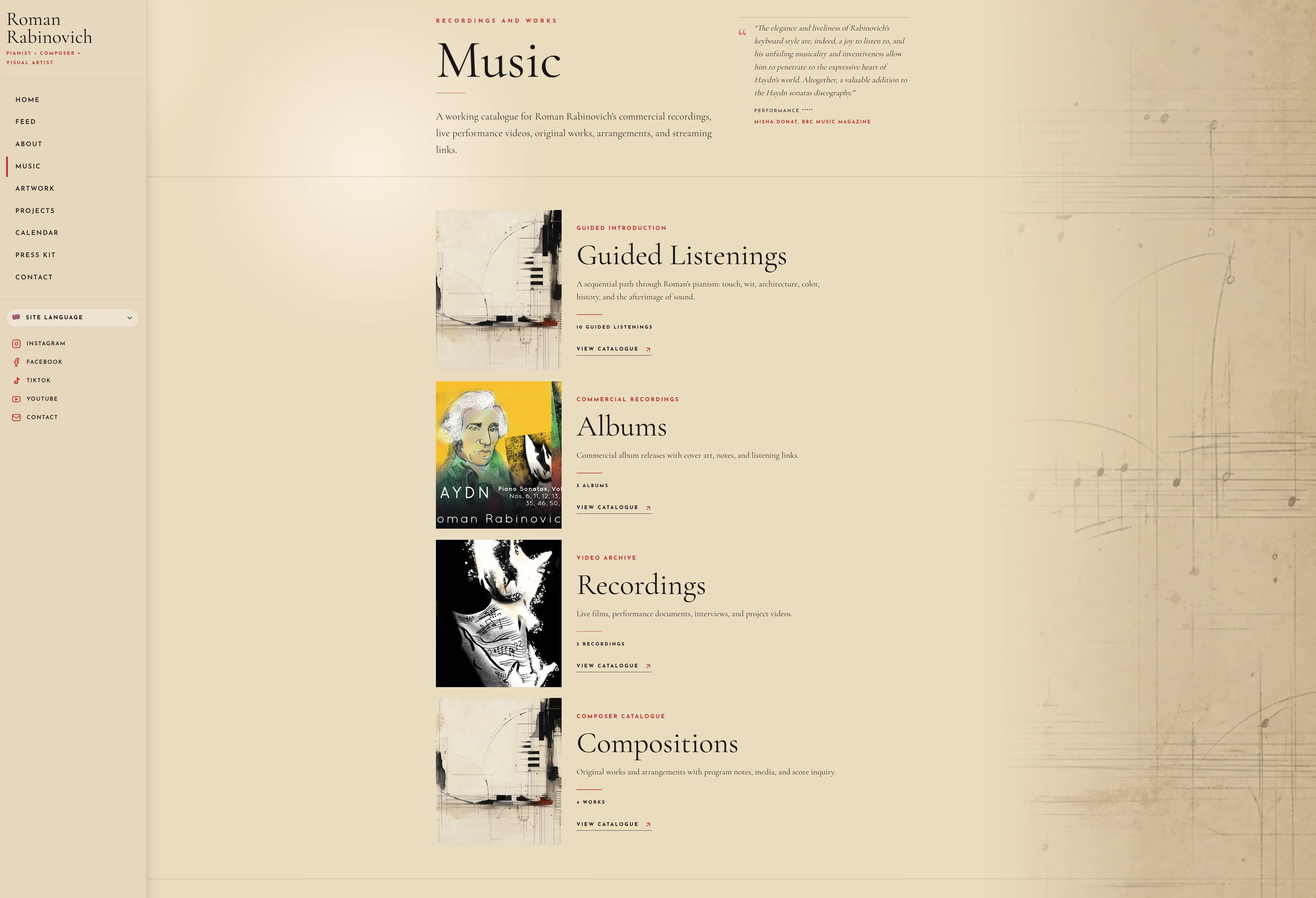 Music catalog page with guided listening, albums, recordings, and compositions sections.