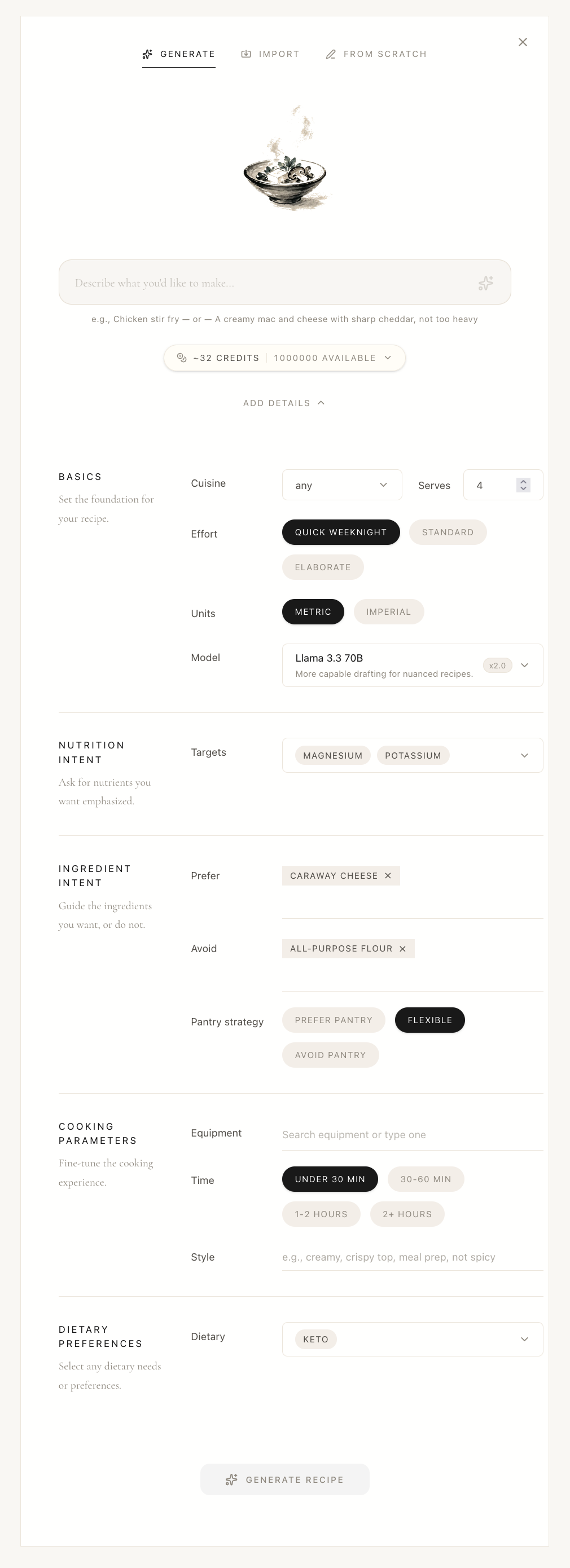 Tracker recipe creation interface with AI pipeline controls, generated recipe fields, nutrition targets, preference constraints, and review sections.