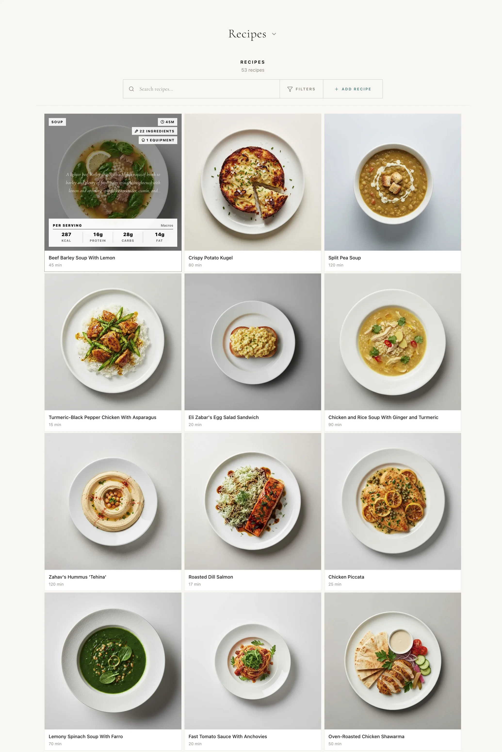 Tall Tracker application screen showing a food operations interface with structured recipe, pantry, and planning content.