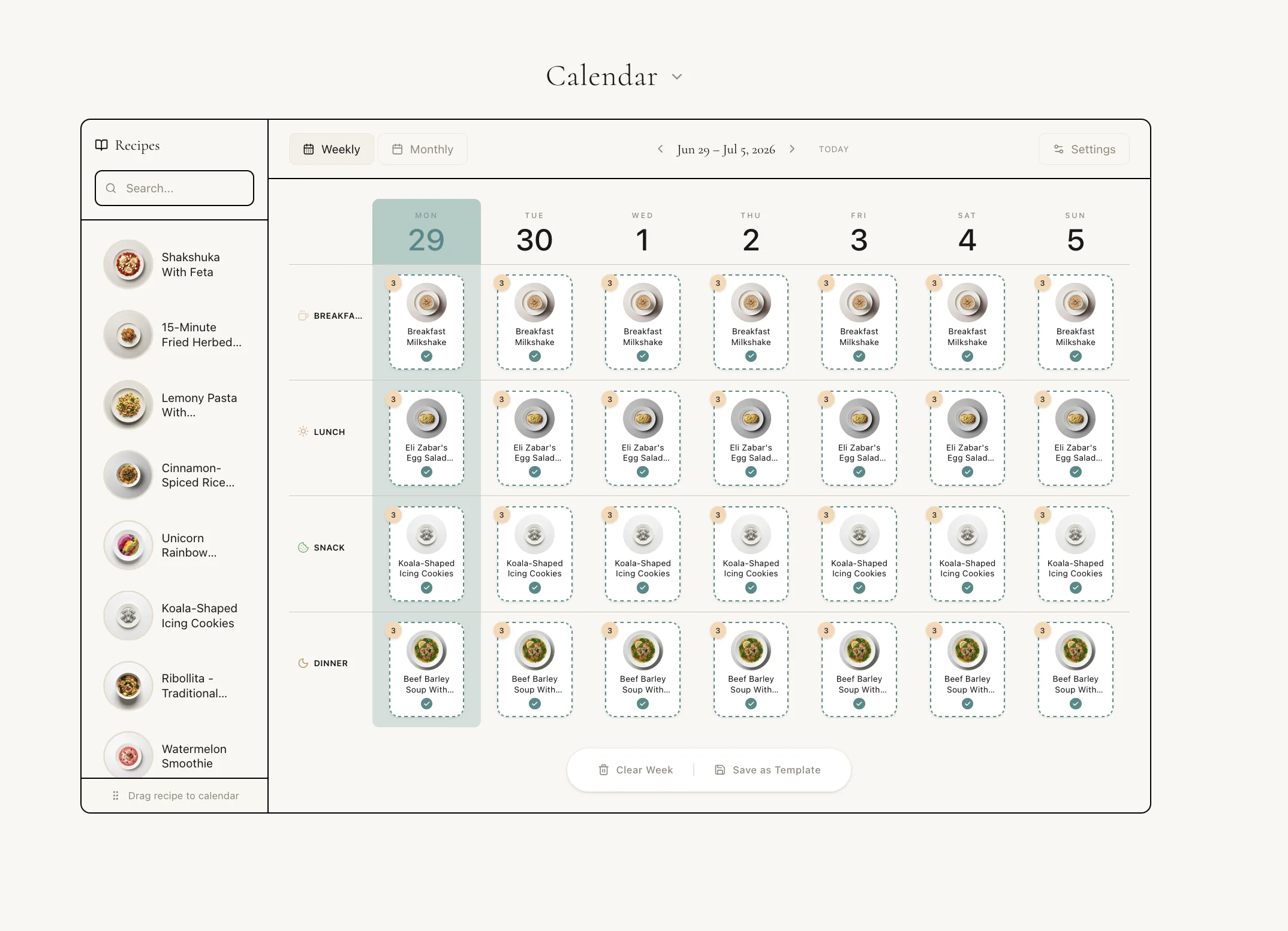 Weekly calendar planner with recipe cards arranged across breakfast, lunch, snack, and dinner rows.
