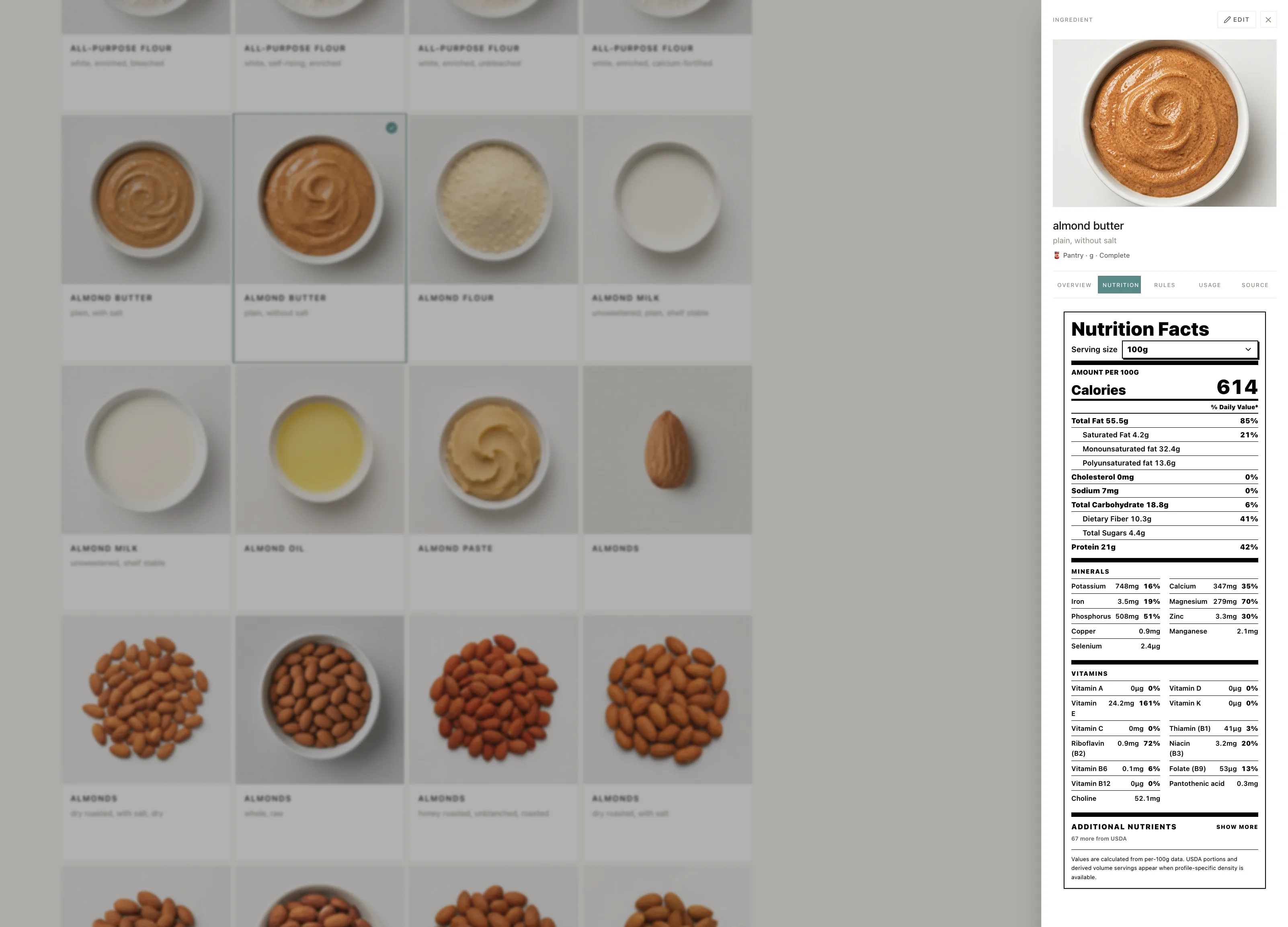 Ingredient detail view with food image and nutrition facts panel next to a pantry grid.