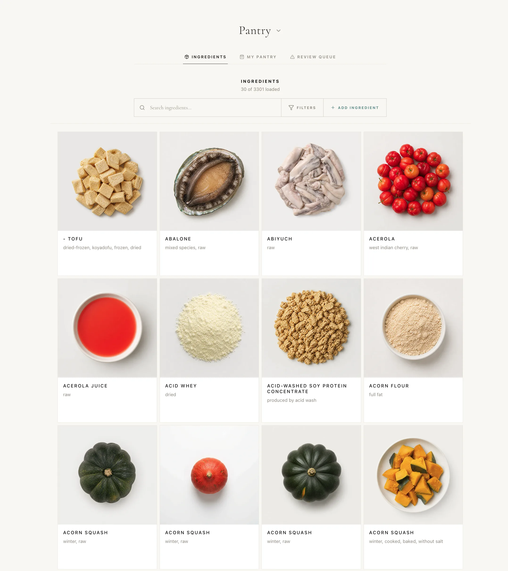 Quiet pantry catalog with ingredient cards, search controls, and food photography.