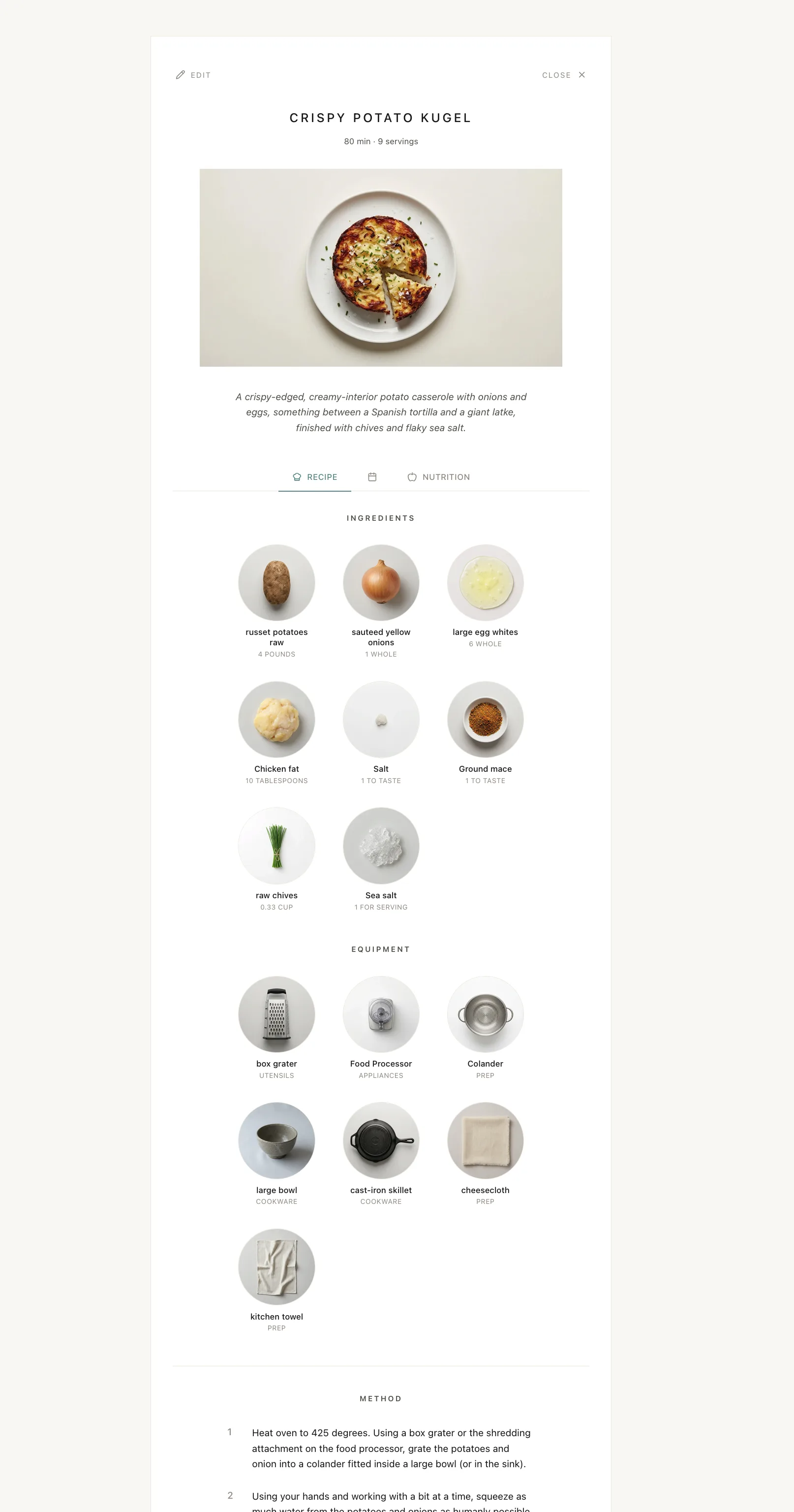 Recipe detail page with plated dish image, ingredient list, and preparation copy.
