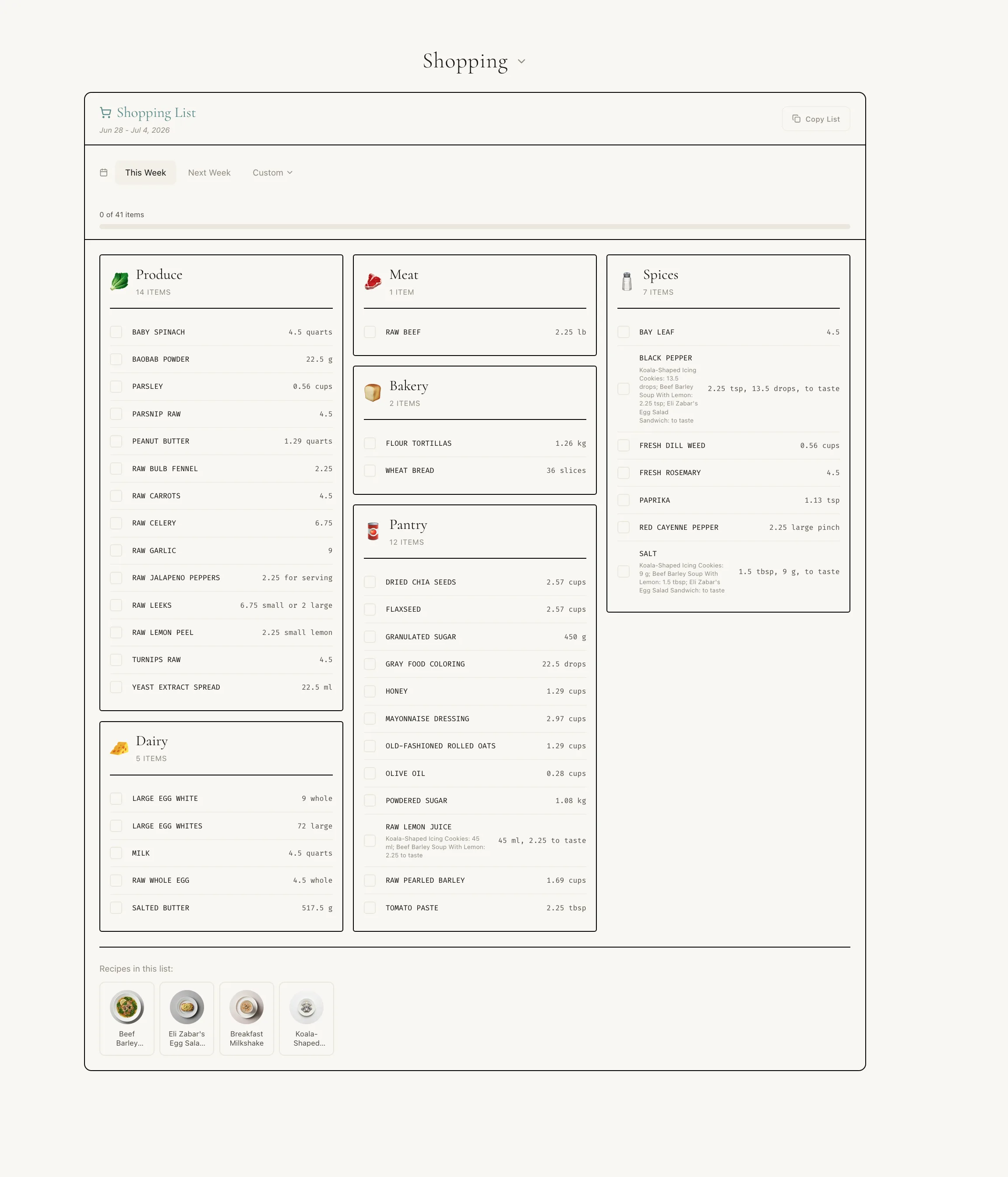 Shopping board with categorized list columns and ingredient items.