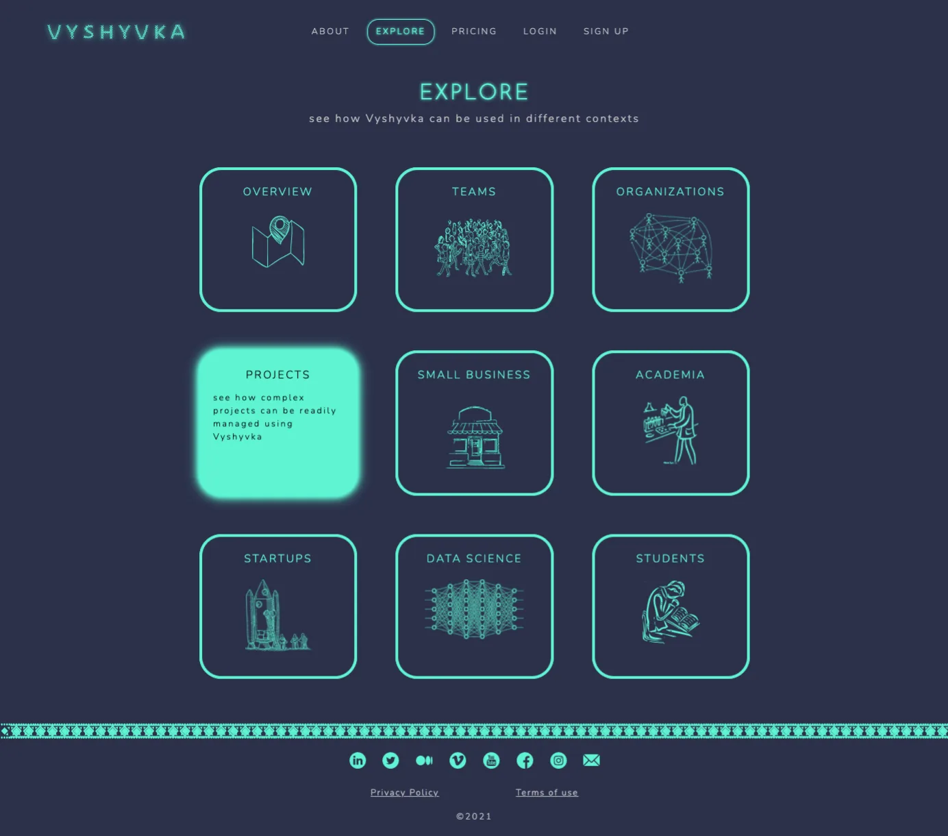 Explore page with neon outlined cards for teams, organizations, projects, small business, academia, startups, data science, and students.