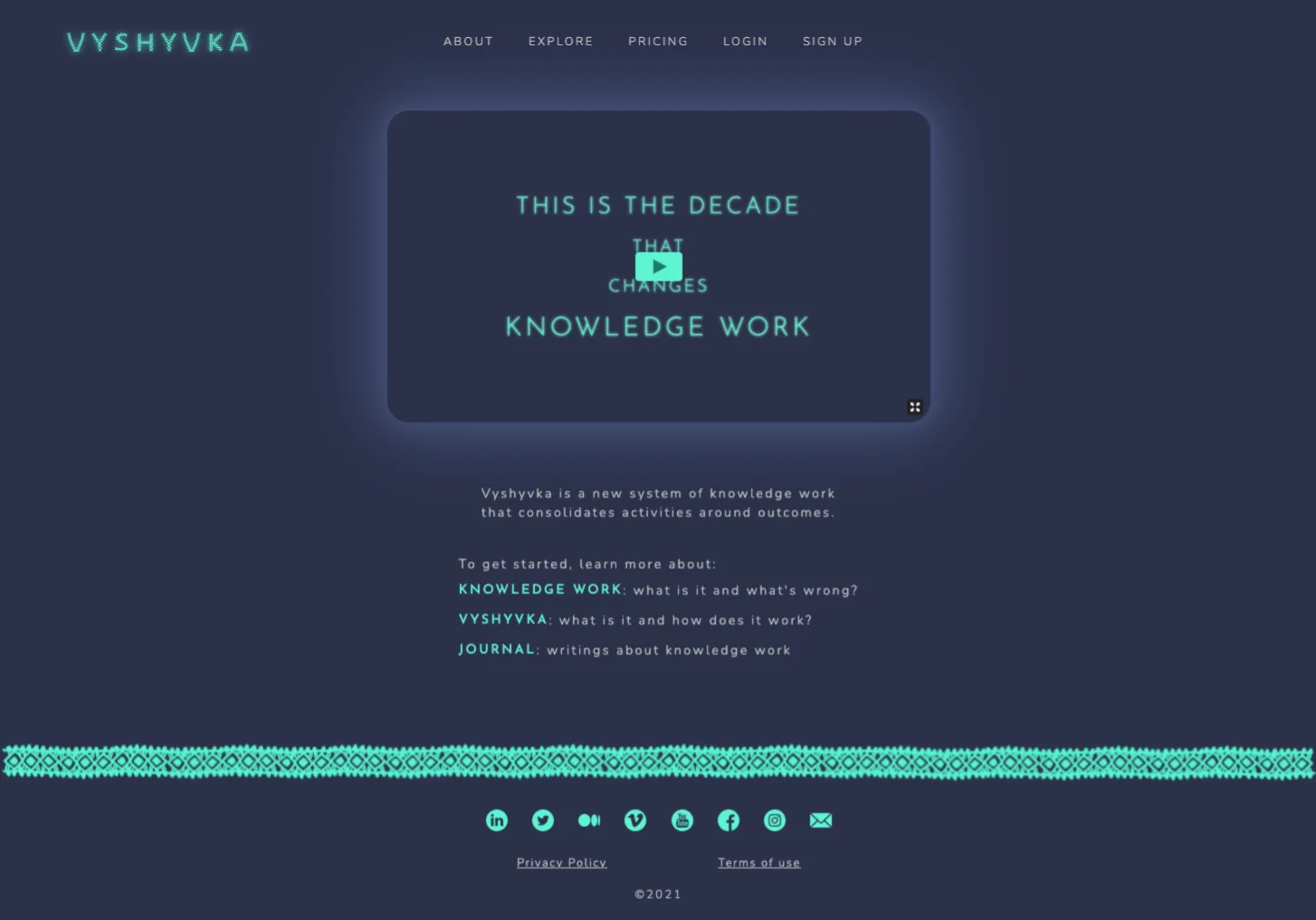 Dark Vyshyvka landing page with glowing teal product identity, navigation, video panel, and patterned footer.