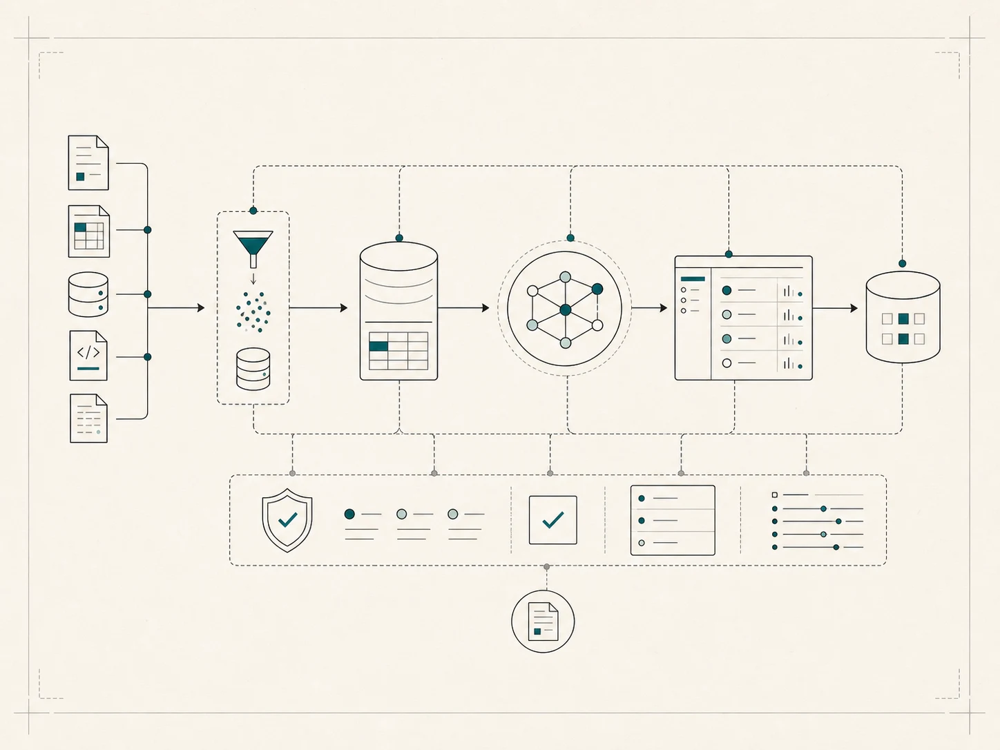 AI, data, and security workflow diagram showing sources, validation, model processing, analyst review, audit trail, and writeback.